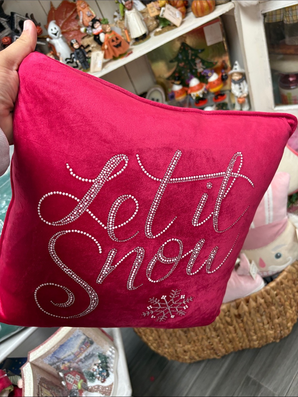 Let It Snow red Velvet Decorative Pillow - Rhinestone Script